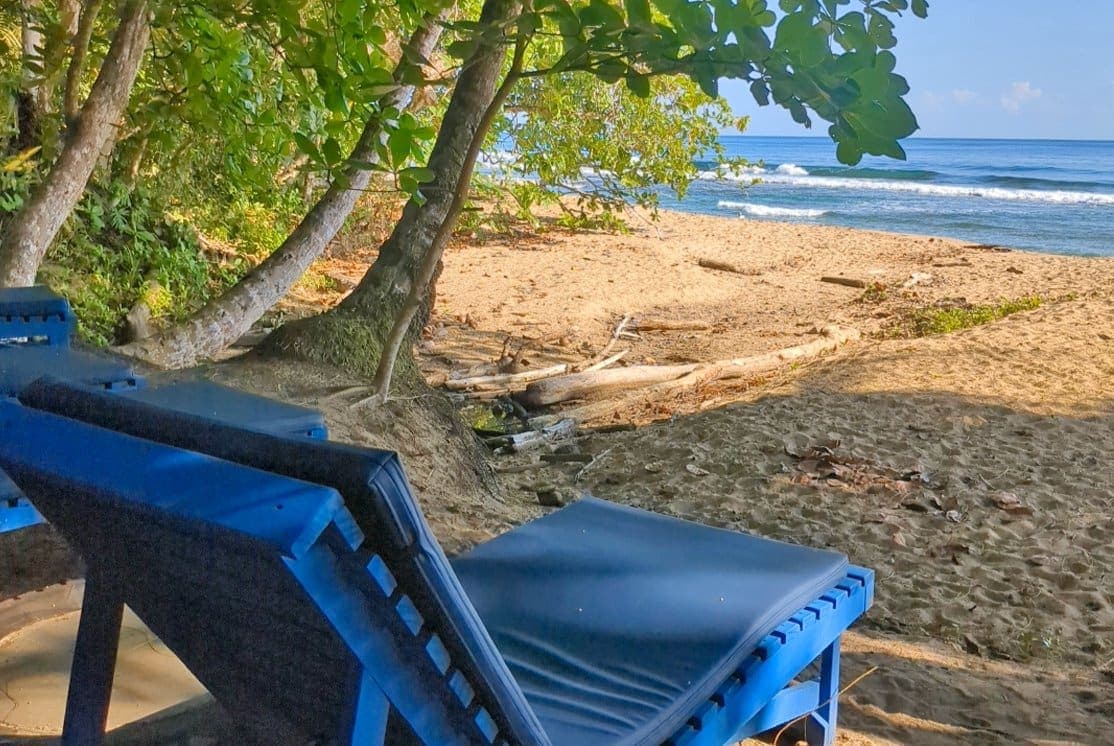 Loungers under the beach almonds at Punta Uva — surf rolling in beyond the lodge's beachfront