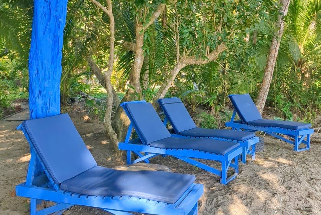 Blue loungers on the sand where the garden path meets Punta Uva beach