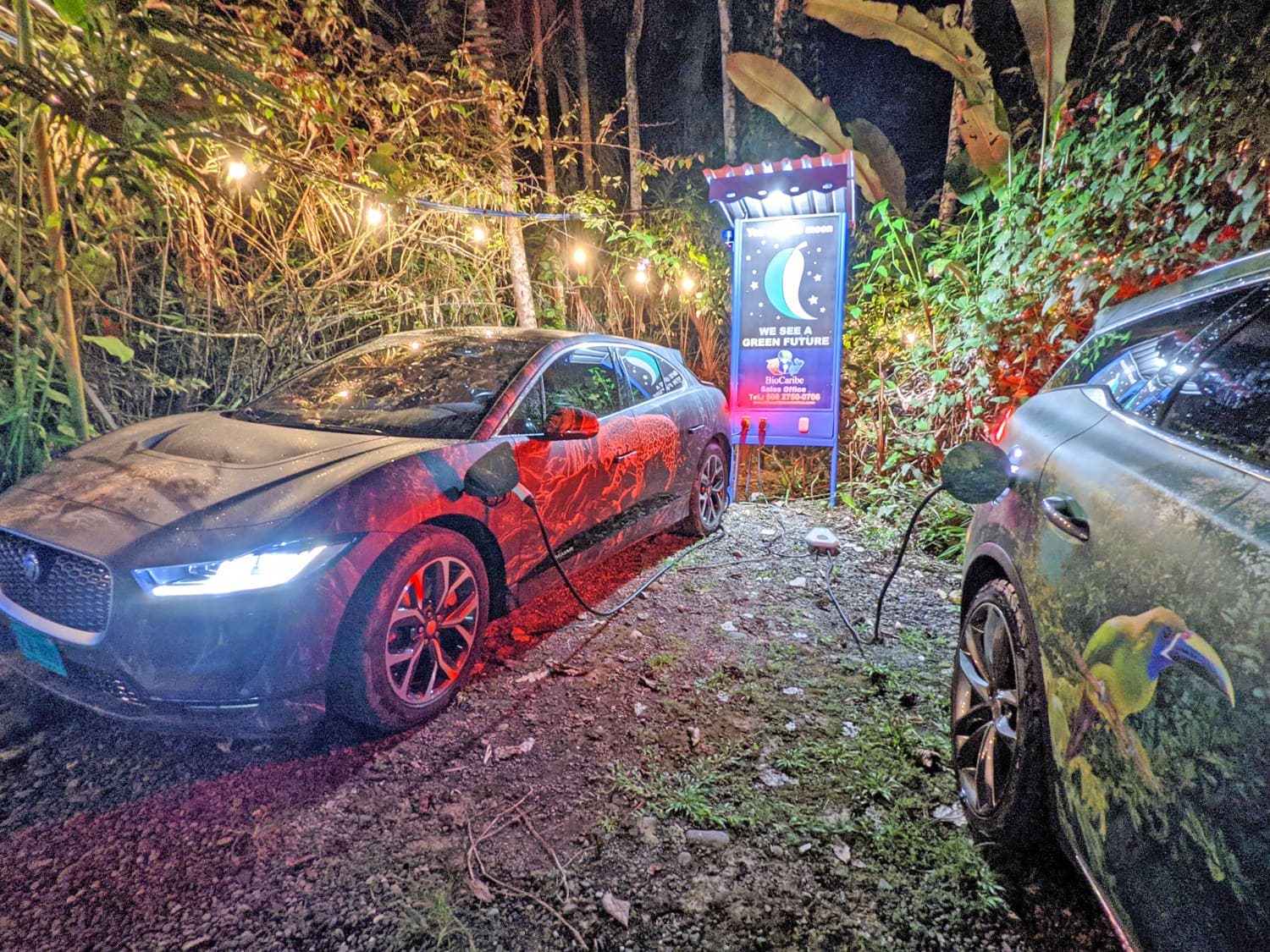 EV charging point at the lodge — two cars topping up overnight under the garden lights