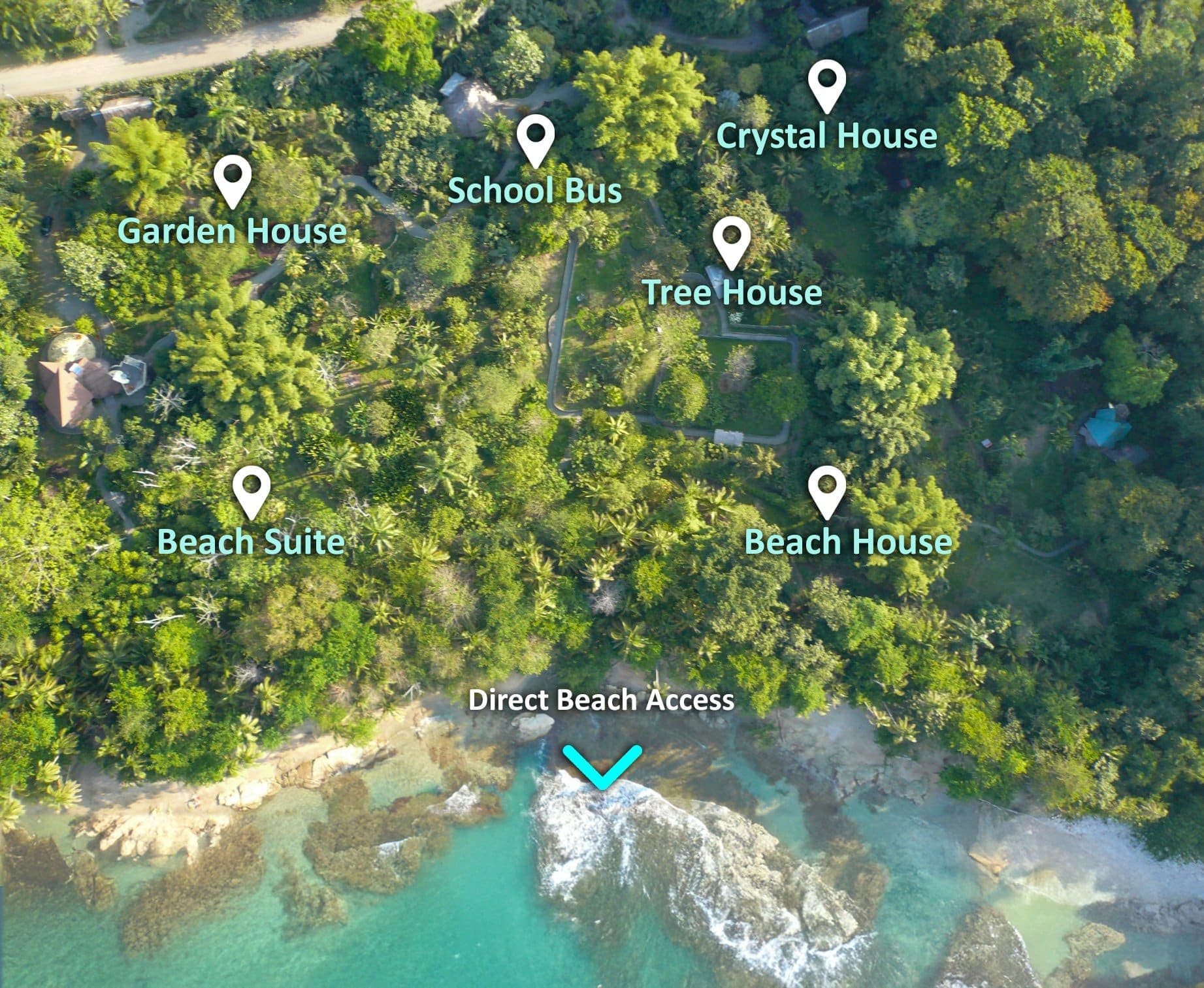 Aerial map of the Tree House Lodge property with the houses pinned — Garden House, Beach Suite, School Bus, Tree House, Crystal House, Beach House — and the direct beach access